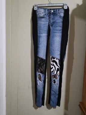 Patchwork Skinny Jeans with Zebra & Lace Insets - Blue and Black Used Size XXS